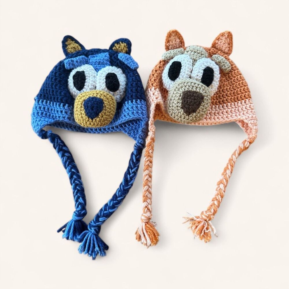 Adorable Bluey & Bingo Handmade Knit Winter Hats - Kid Sized